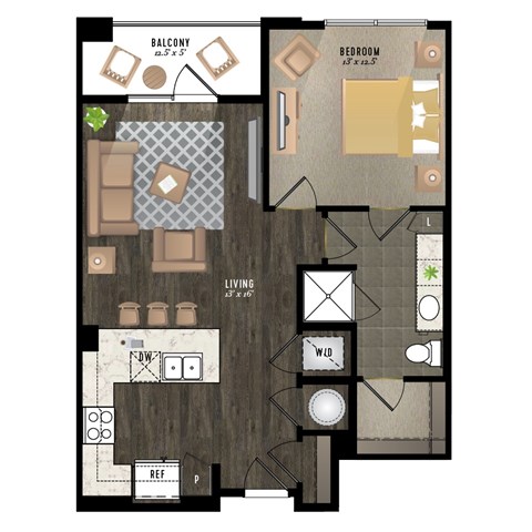 Floor plan for 1 bed, 1 bath, 746 sqft